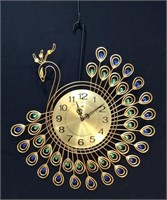Jeweled Metal Peacock Clock -20" Across