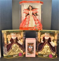 3 Holiday Barbies & 1 Holiday Barbie Ornament