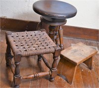 Vintage Piano Stool, Child's Stool and Wicker Stoo