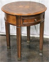 Round Wood Side Table w/ Inlay Design, 1-Drawer