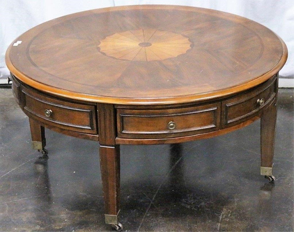 Round Coffee Table W Inlay Wood Design, Circular Coffee Table With Drawers