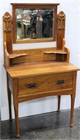 Art Nouveau Oak Vanity/Wash Stand w Beveled Mirror