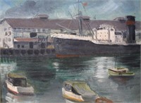 Williamson, harbour scene showing old freighter,