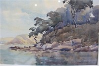 C.H. Woods, river landscape, watercolour,
