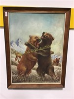 Framed canvas painting of a bear fight