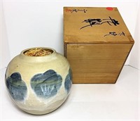 Stoneware Vase with Painted Abstract