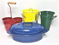 Blue Graniteware Roaster & Metal Buckets