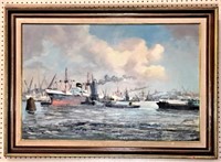 Signed J H Peters Harbor Oil on Canvas