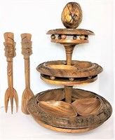 Carved Wood 3 Tier Server with Inset Trays