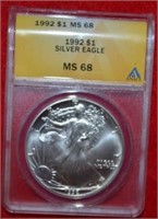 1992 Silver Eagle Dollar, Graded MS68