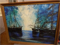 Oil on Board of Ships Signed