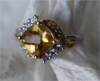 Sterling Silver Ring w/ Citrine & White Stones