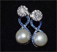 Sterling Silver Earrings w/ Pearls, White & Blue