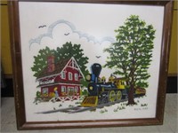 Train Station depot and Engine Needle Point framed