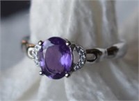Sterling Silver Ring w/ Amethyst & White Stones