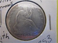 1853 With arrows & rays seated Liberty Half Dollar