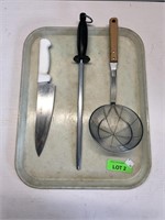 Large Knife, Sharpener, Tray & Skimmer