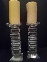 Two Heavy Glass Pillars and Beeswax Candles