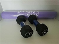 Purple Exercise Mat and 10 Lb Barbells