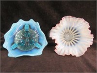2PC OPALESCENT FOOTED BOWL AND VASE 4"T X 7.5"W