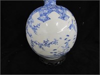 Blue & Whited Oriental Vase w/ Rosewood Stand