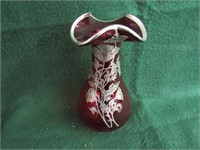Ruby Glass Vase w/ Silver Decoration