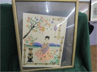 Oriental painting on silk, framed