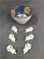 (6) Chopstick Holders & Bowl with Markings