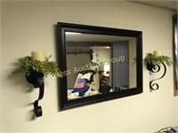 Wooden Framed Mirror and Decorative Candle Sconces