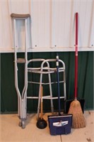 Walker, crutches, 2 brooms, shepherd's hook