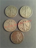 5 Walking Liberty silver half dollars
