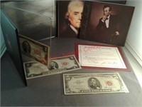 Red Seal $2 and $5 bills w/display case