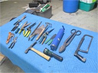 GROUP OF HAND TOOLS- SNAPS, SAW, HAMMER, TROWEL,
