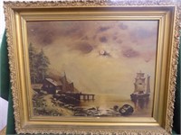 Oil painting on board - Coastal scene with frame