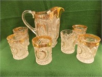 Pattern Glass Pitcher & Glasses (6) w/ gold
