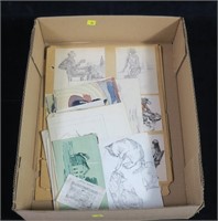 Lot, 48 small pencil drawings and watercolors by
