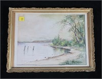 8" x 10.5" Watercolor, Lakeside scene, M.B. Bemis,