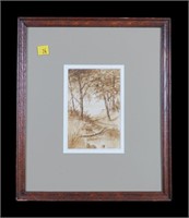 6" x 4" Watercolor, woods scene signed F.B.