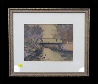 7" x 9" Watercolor, covered bridge signed M.A.