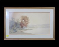 10" x 18.5" Watercolor, Lakeside scene signed