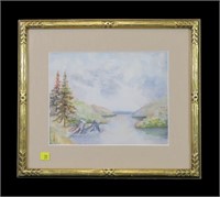 8" x 10 1/2" Watercolor, River scene signed