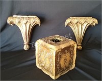 (2) Carved Wood Bathroom Shelves & Tissue Box