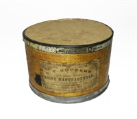 C.Y. Supplee metal and wooden box, 4.5" Diameter,