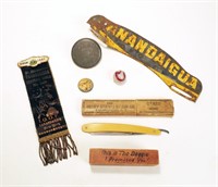 Lot, Canandaigua items: tin signs, Rebekah Lodge
