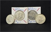 4 - 1964 KENNEDY HALF DOLLARS 90% SILVER