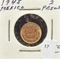 1945 MEXICO 2 PESO GOLD COIN .900 GOLD - .0482