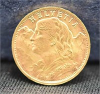 1947 SWISS 20 FRANC GOLD COIN - HELVETIA .900