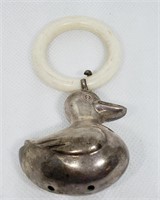VTG STERLING SILVER DUCK BABY TEETHING RING RATTLE