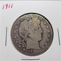 1911 BARBER SILVER HALF DOLLAR COIN