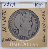 1913 BARBER SILVER HALF DOLALR KEY DATE COIN